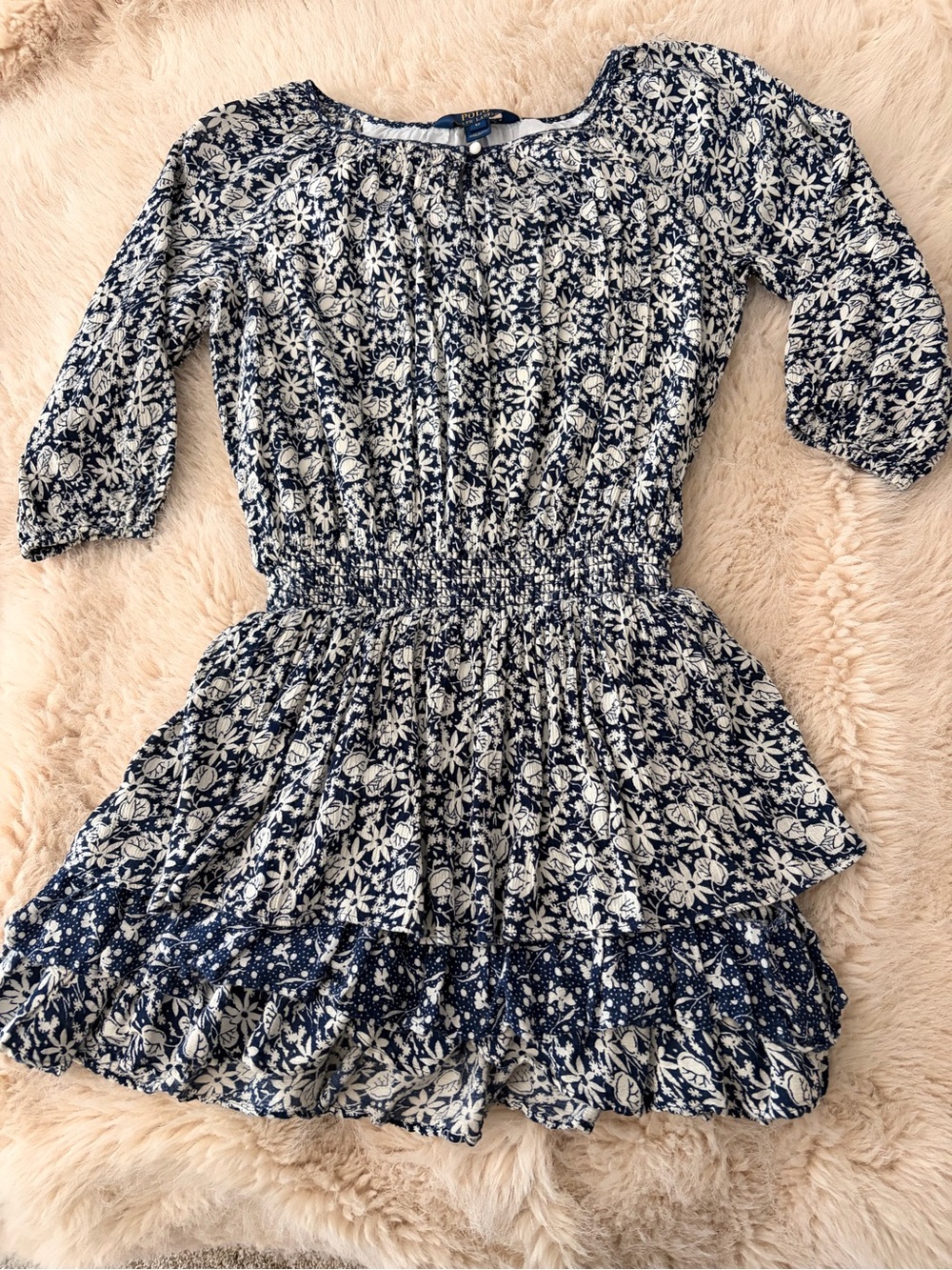 Polo by Ralph Lauren Navy & White Floral Smocked Waist Dress